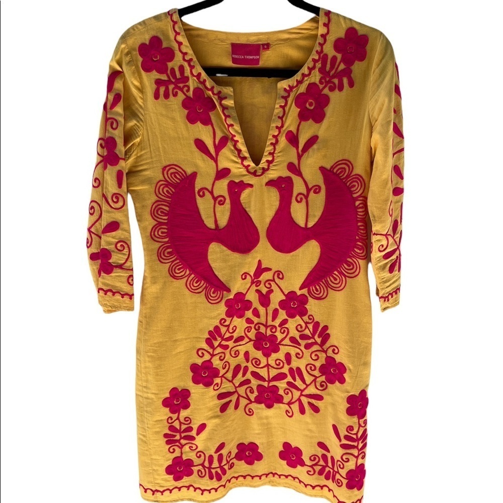 Rebecca Thompson Embroidered Caftan Yellow/Pink Birds Flowers Size 6